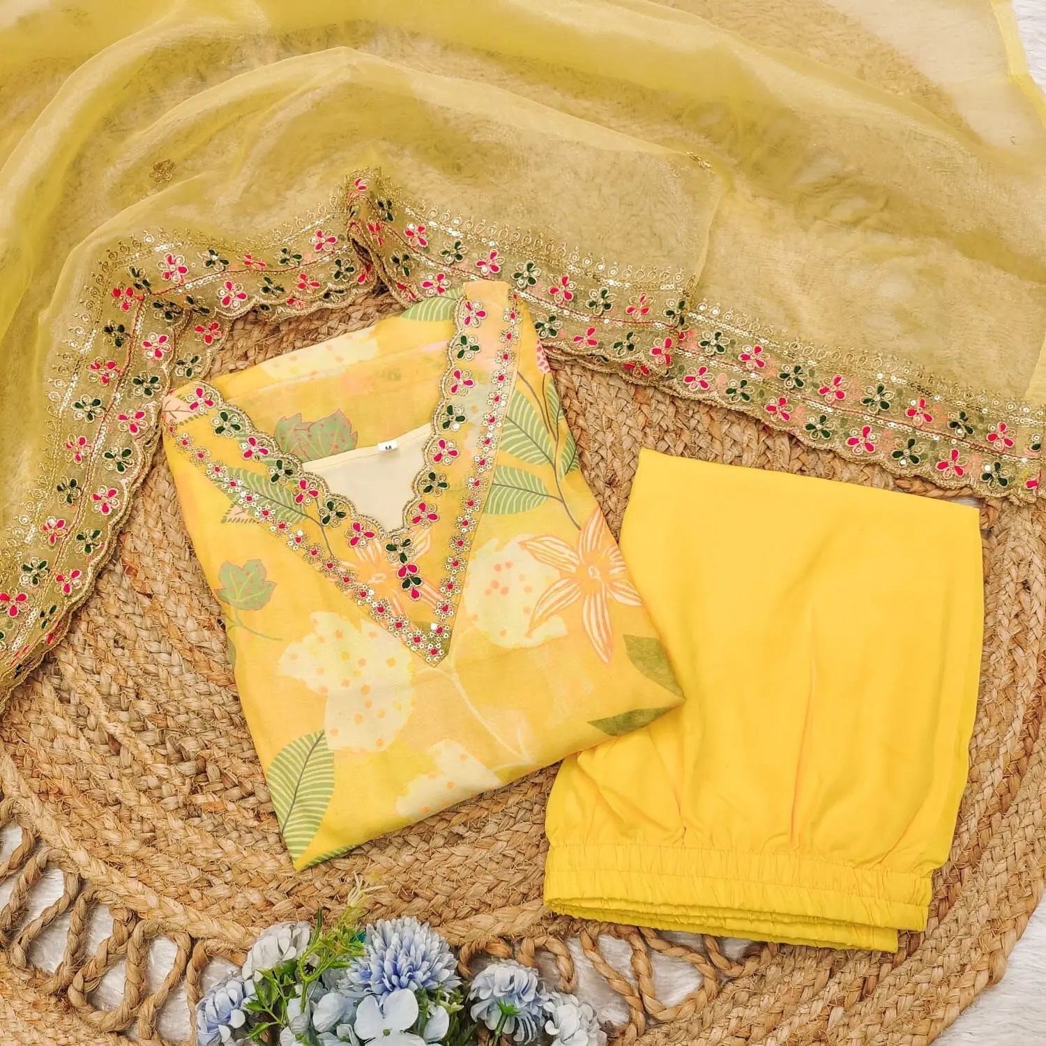 Muslin Silk digital Print with Embroidery work Kurti Pant Dupatta Set