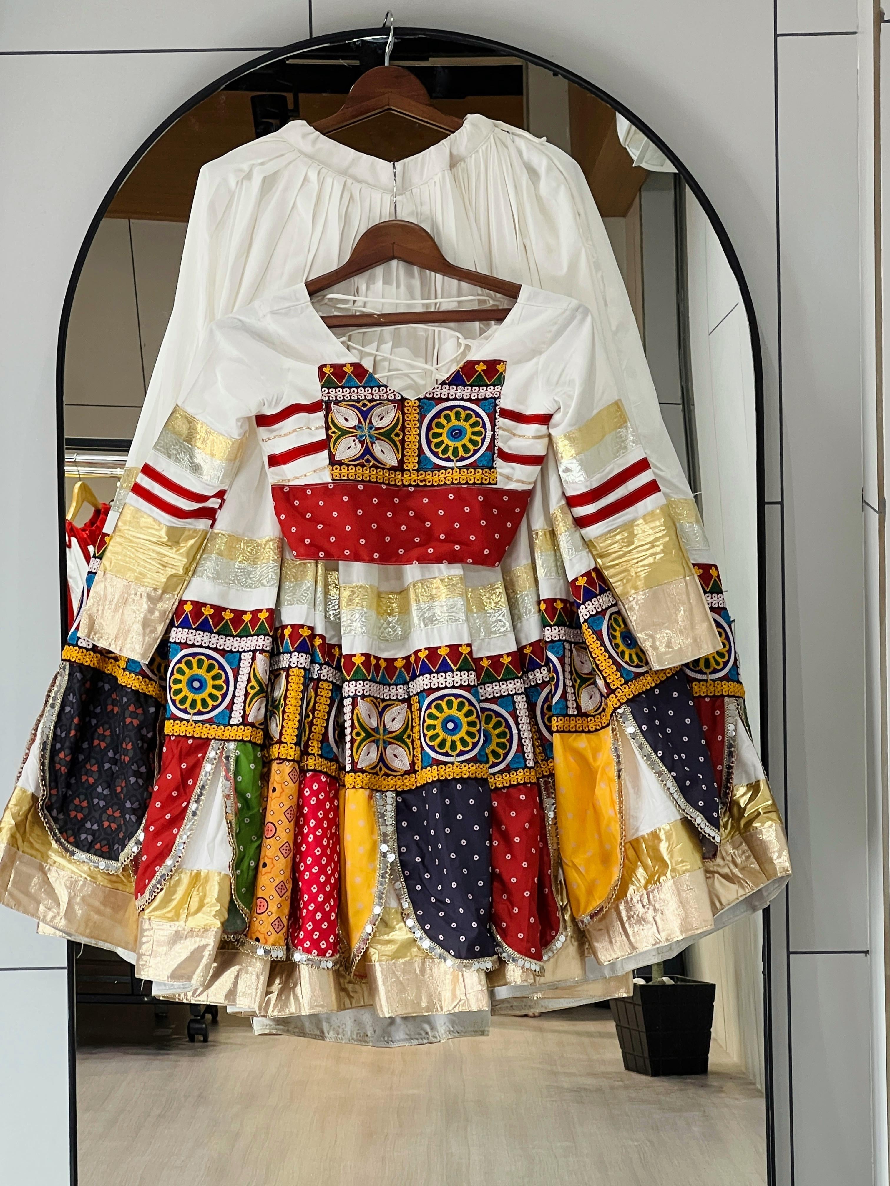 Pure Rayon Cotton Multi Kutchi Design White Concept 6M Flair Navratri Garba Chaniya Choli (Ready to Wear)