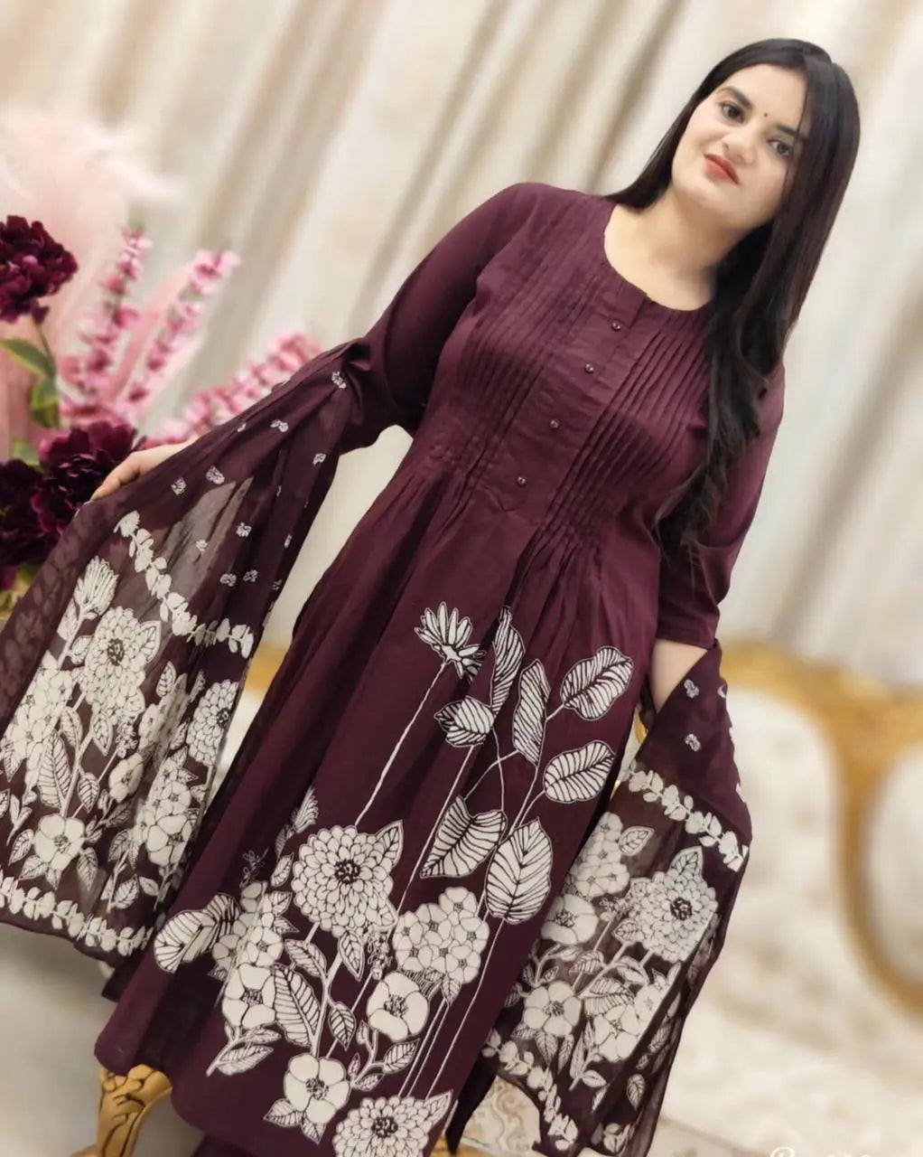 Soft Cotton Self Print Kurti Pant Dupatta Set