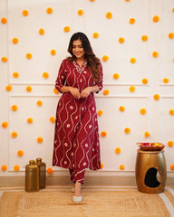 Neckline Thread Work Leheriya Kurti Pant Set (Stitched)
