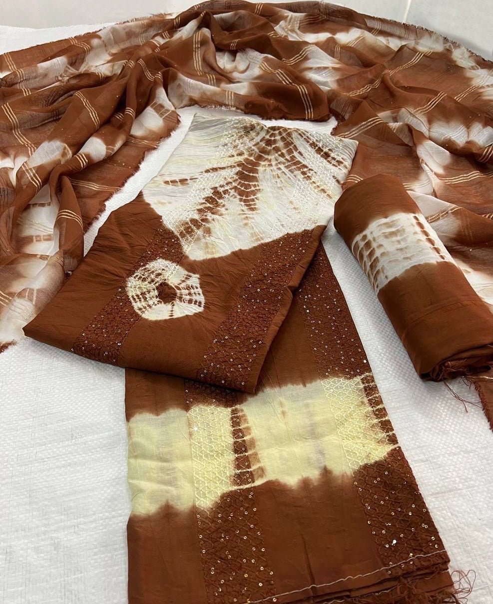 Pure Viscos Cotton Shibori 3 Pc Bandhani Dress Material (Unstitched)