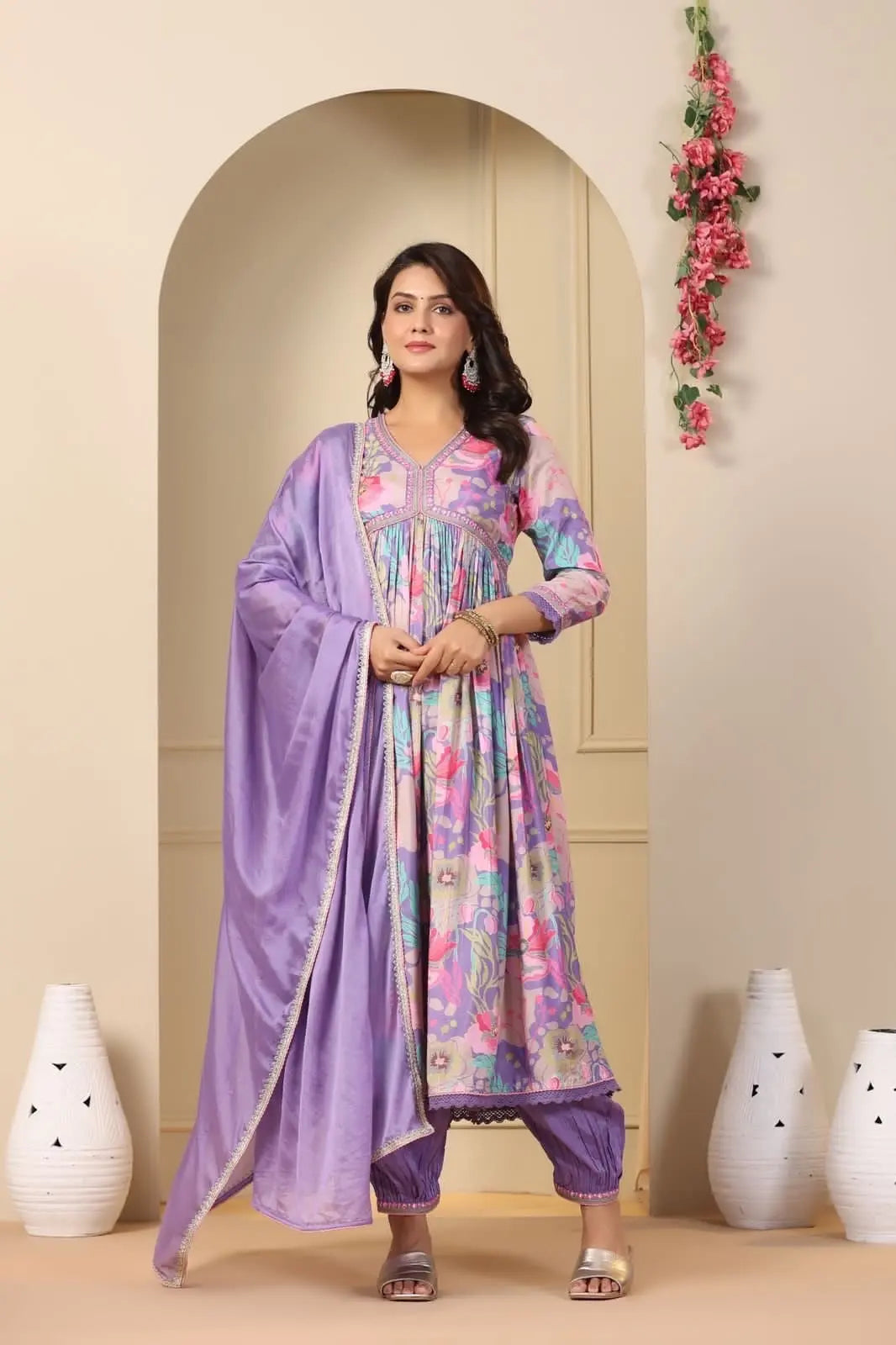 Muslin Alia Cut Zari Embroidery Digital Print work Kurti Pant Set (Stitched)