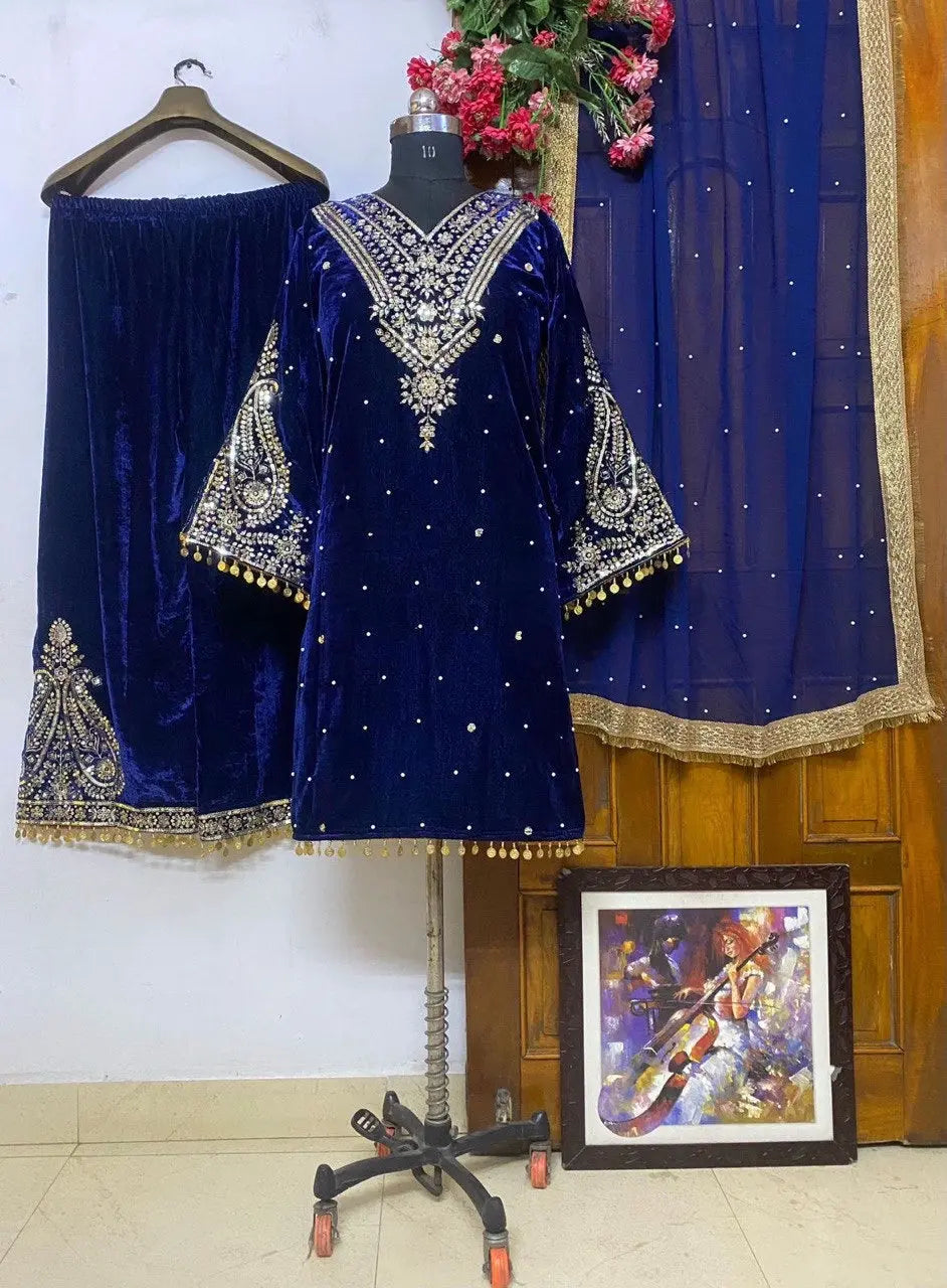Winter Velvet Embroided Kurti Pant Dupatta Set