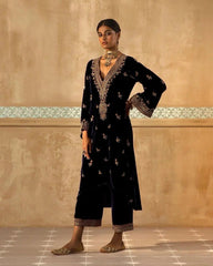 Winter Special Neck Thread Embroidery work Velvet Kurti Pant Set ( Fully Stitched)