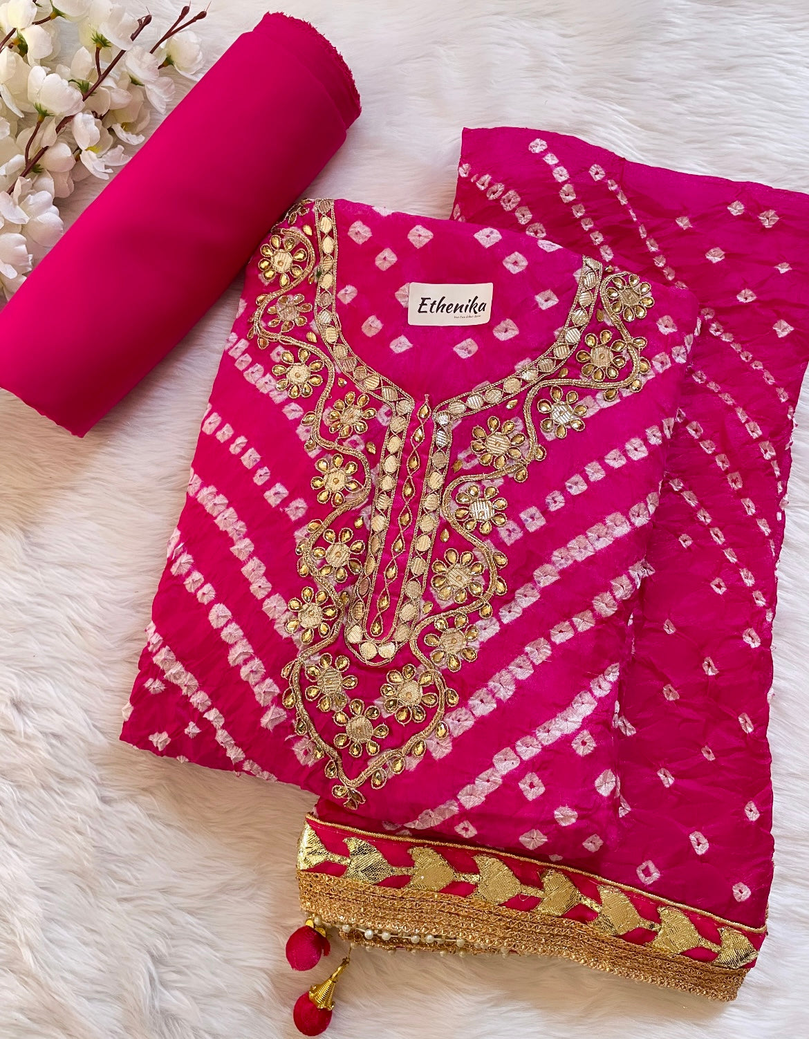 Silk Fabric Neck work with Fumka Work Dupatta Bandhani Dress Material ( Unstitched)