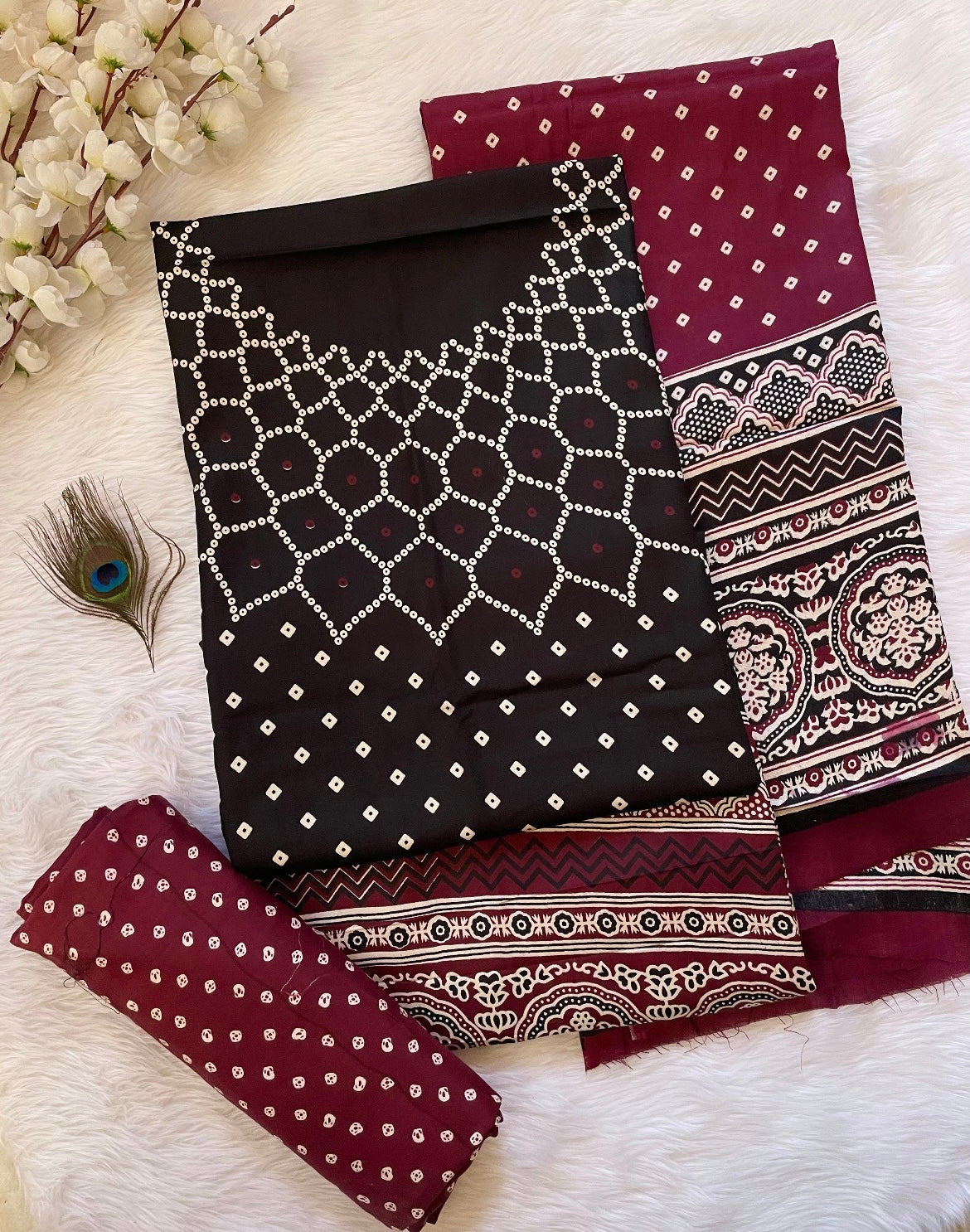 Rayon Cotton Ajrakh Hand block with Bandhani Print Dress Material (Unstitched)