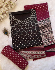 Rayon Cotton Ajrakh Hand block with Bandhani Print Dress Material (Unstitched)