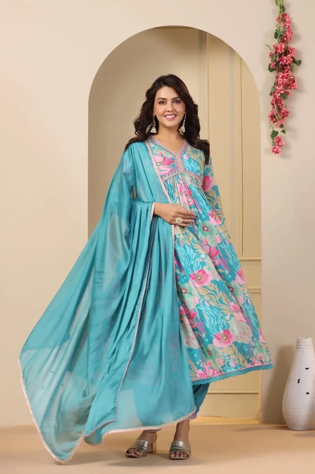 Muslin Alia Cut Zari Embroidery Digital Print work Kurti Pant Set (Stitched)