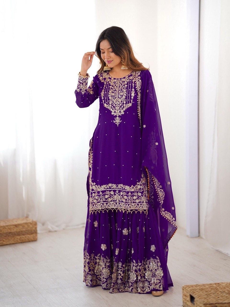 Premium Faux Georgette Embroidery with Moti Work Designer Kurti Sharara Dupatta Set (Ready to Wear)