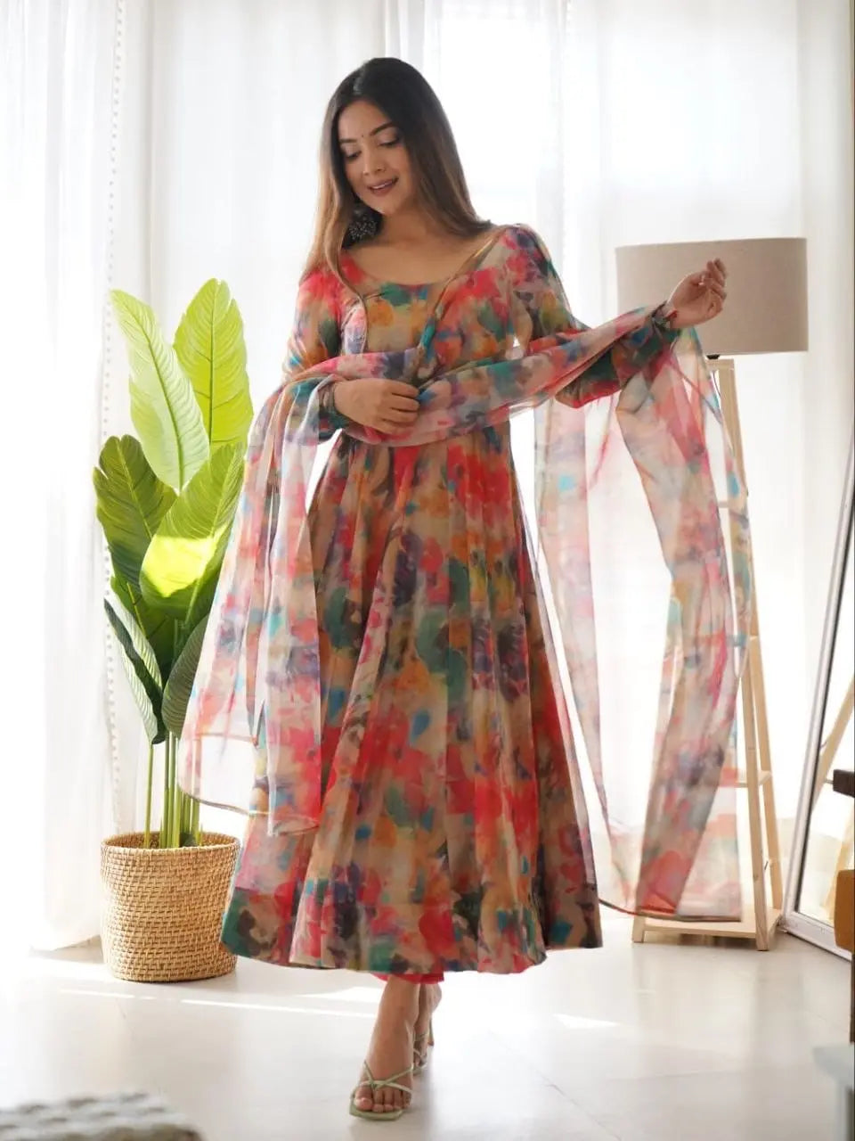 Organza Floral Digital Print Flair Dress Suit