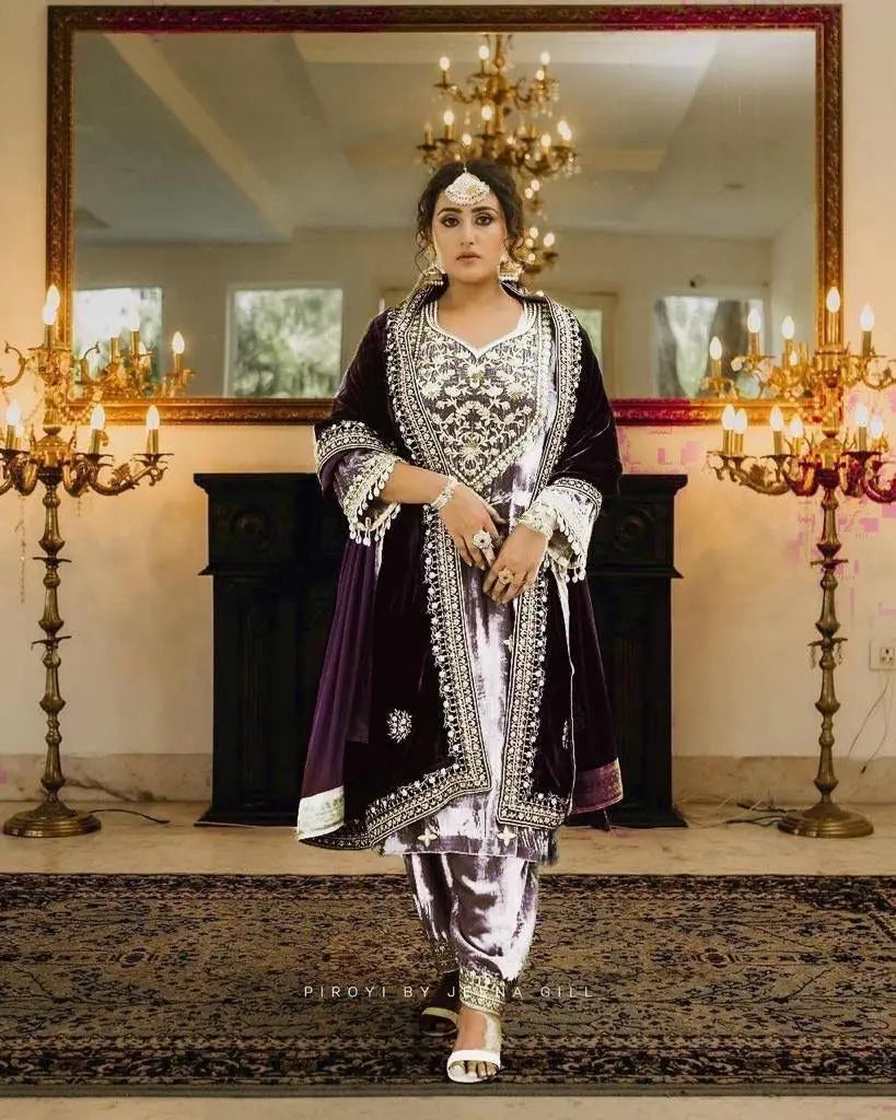 Thread Embroidery work Winter Velvet Suit (Stitched)