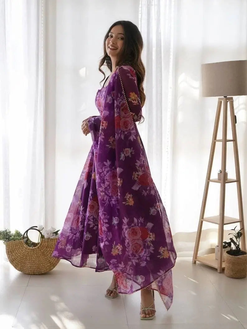 Organza Floral Digital Print Flair Dress Suit