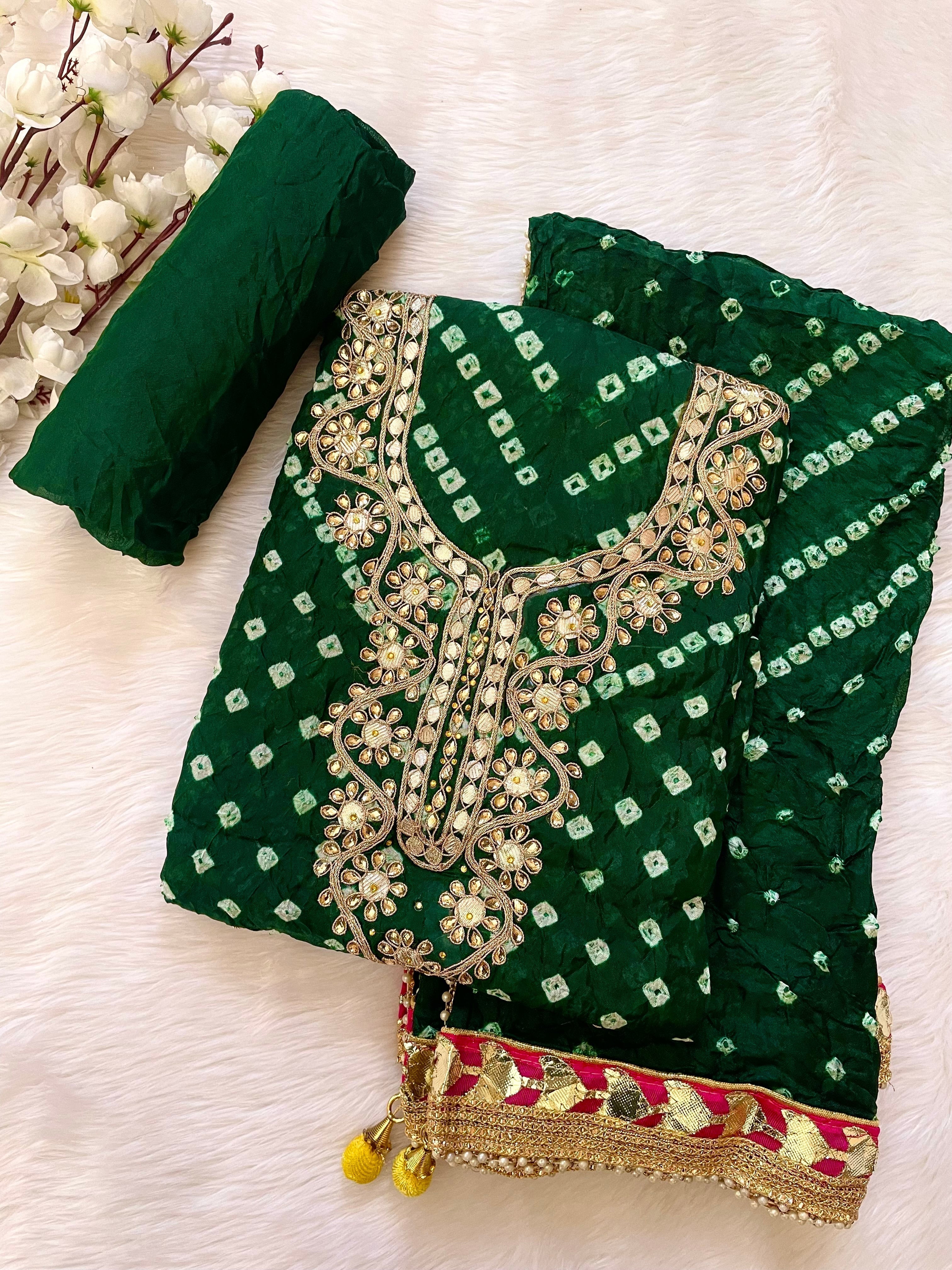 Silk Fabric Neck work with Fumka Work Dupatta Bandhani Dress Material ( Unstitched)