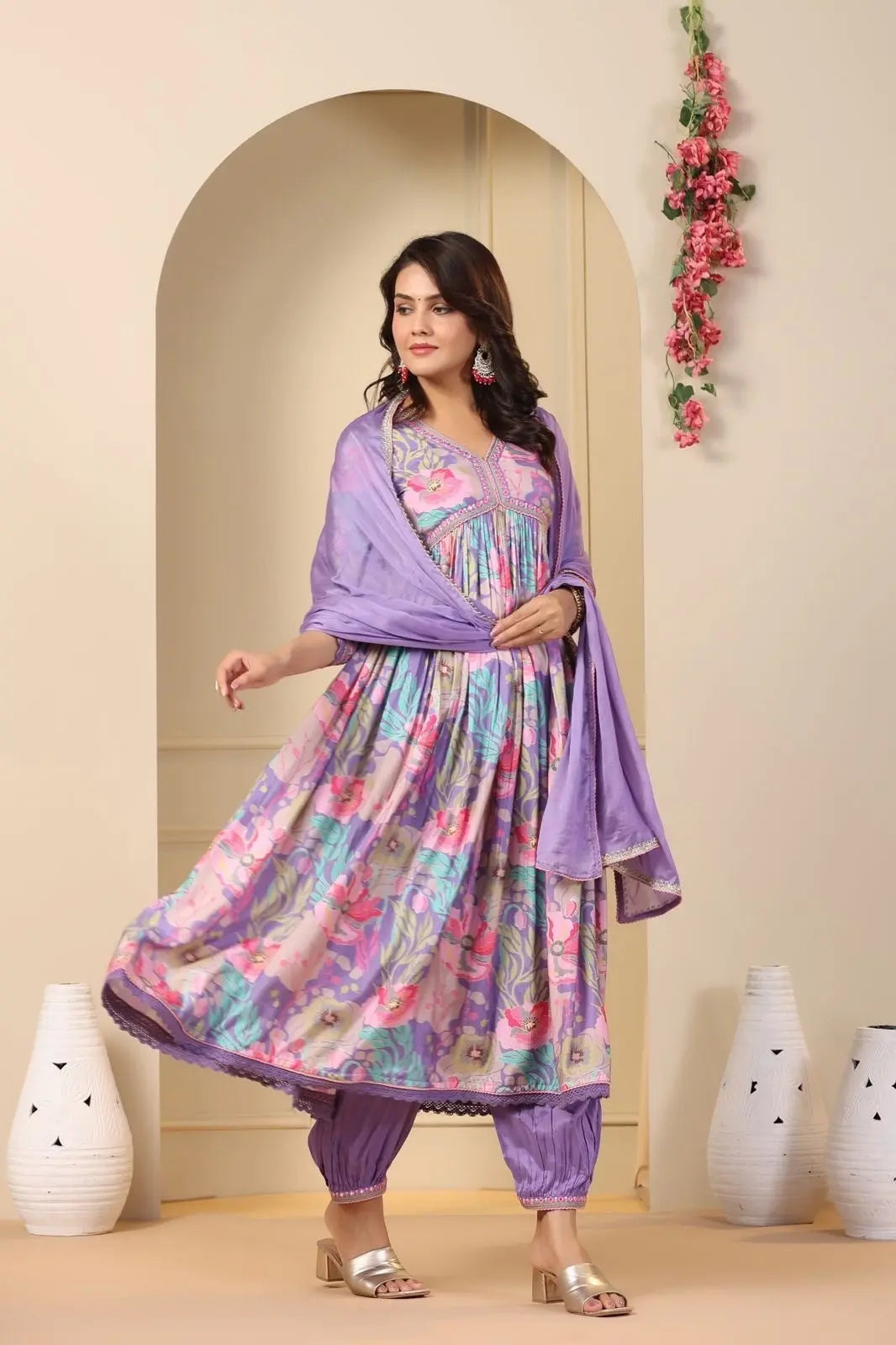 Muslin Alia Cut Zari Embroidery Digital Print work Kurti Pant Set (Stitched)