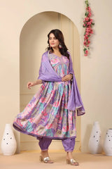 Muslin Alia Cut Zari Embroidery Digital Print work Kurti Pant Set (Stitched)