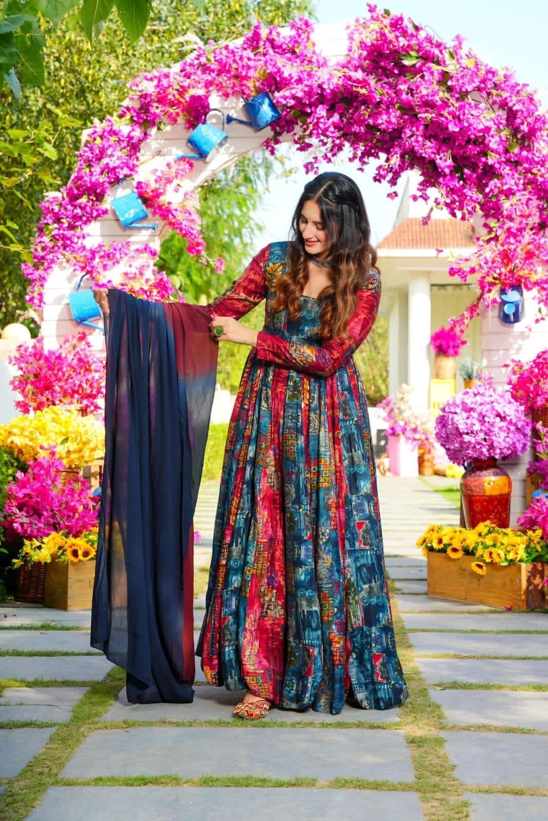 Muslin Digital Print Flair work Kurti Dupatta Set
