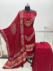 Modal Silk Original Jamnagar Hand Crafted Bandhej Work Bandhani Dress Material (Unstitched)