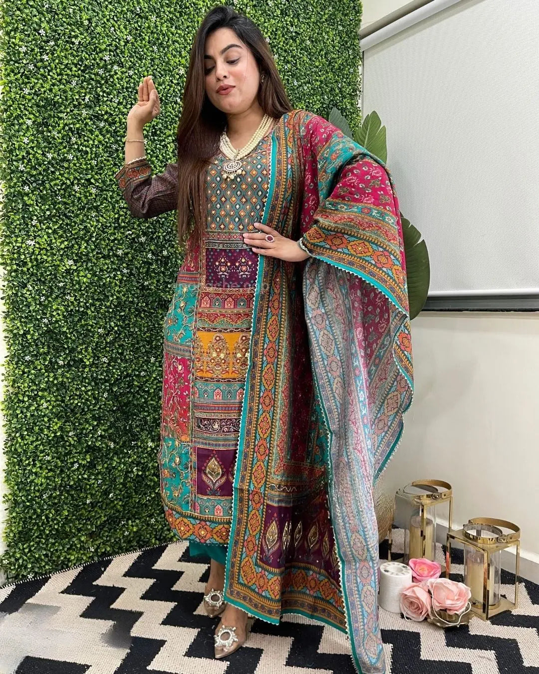 Muslin Real Mirror work Digital Print  Party wear Kurti Pant Dupatta set