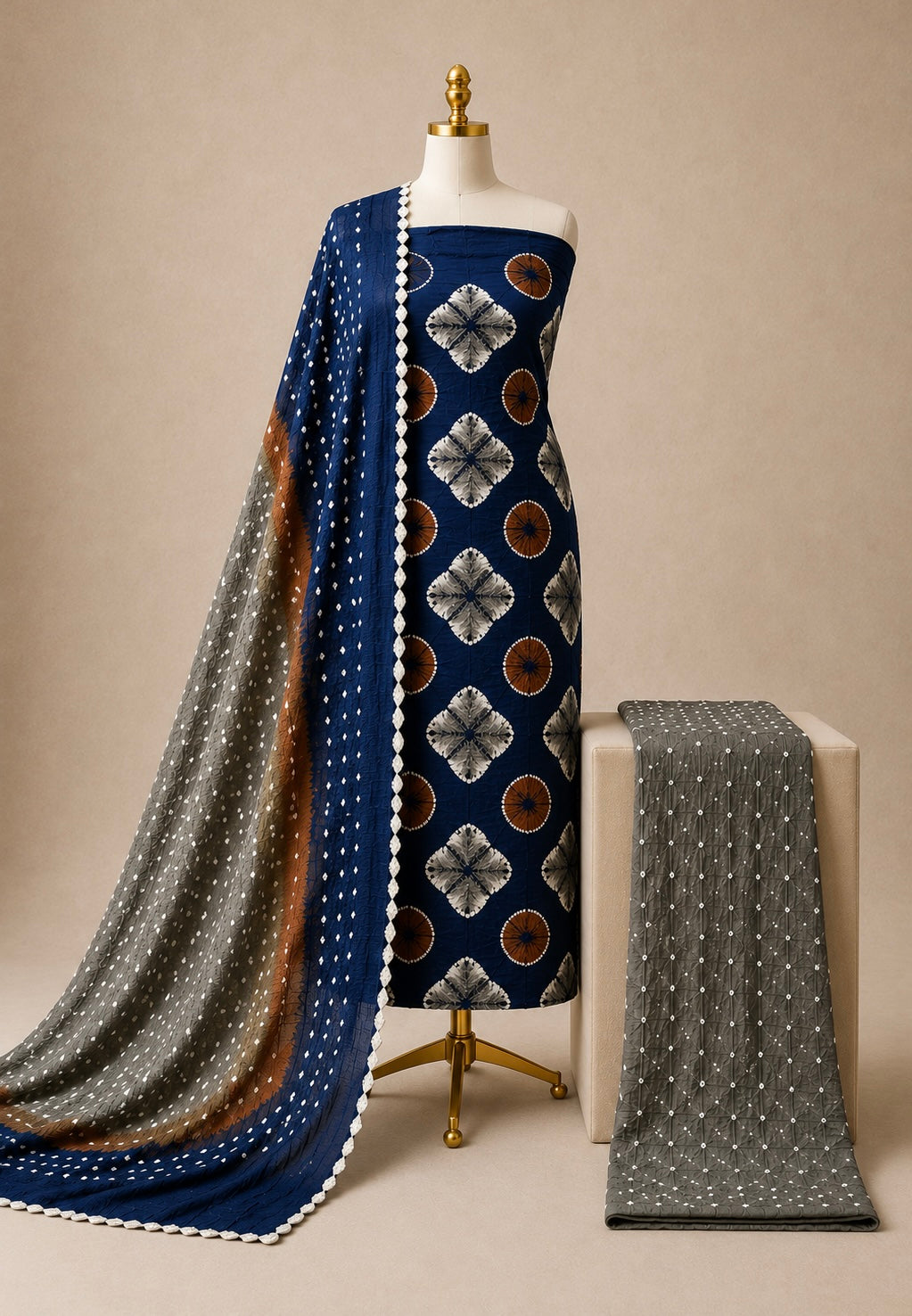 Premium Cotton Satin Shibori Work Handmade Kutch 3Pc Bandhani Dress Material
