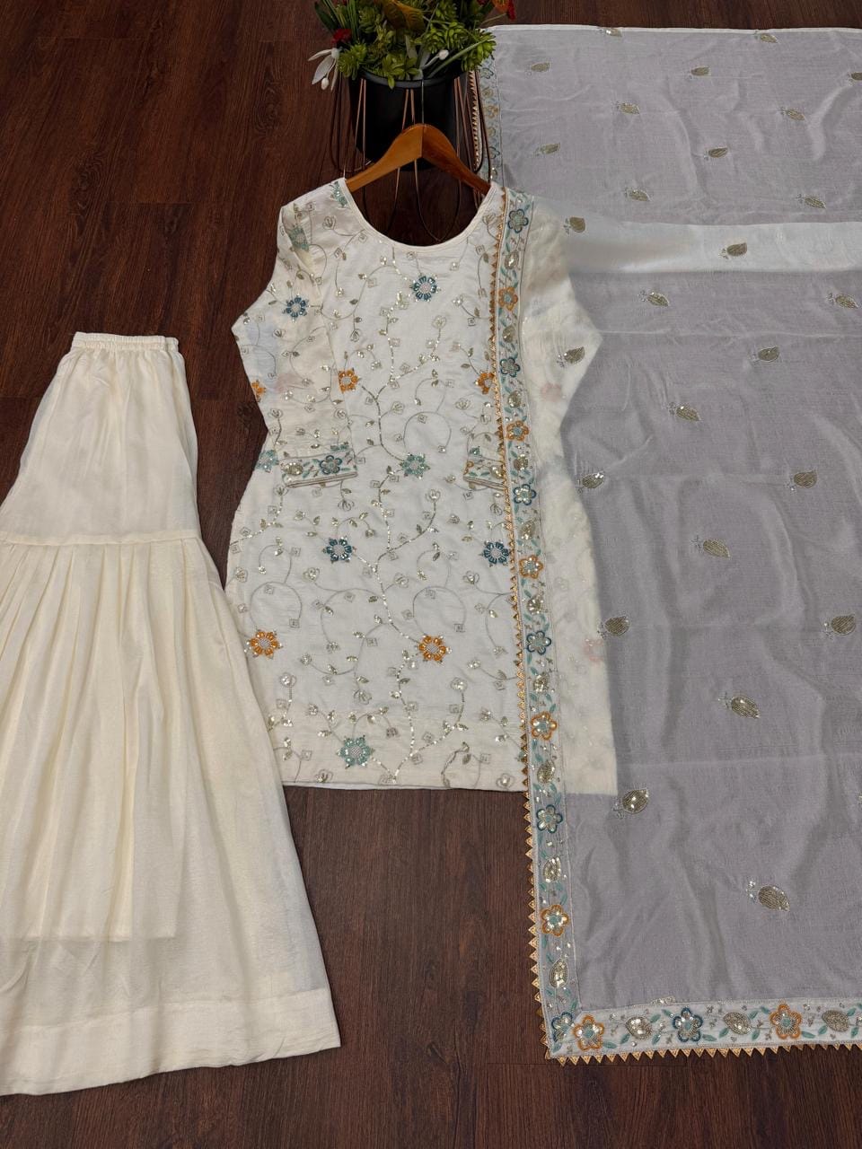 Sequence Embroidery Work Trending Kurti Sharara Dupatta Set