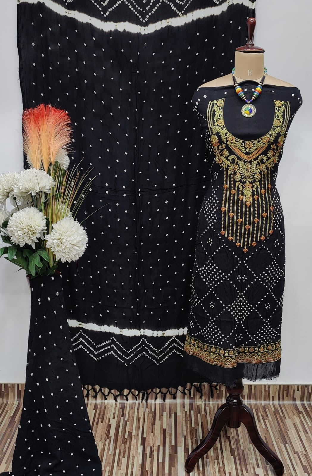 Neck Embroidery work Bandhani Dress Material