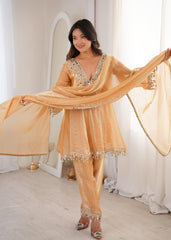 Fendi Silk Mirror Work Designer Kurti Pant Dupatta Set For Eid