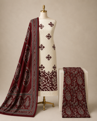 Hakoba Chikanwork with Ajrakh Block Print Summer 3Pc Cotton Dress Material