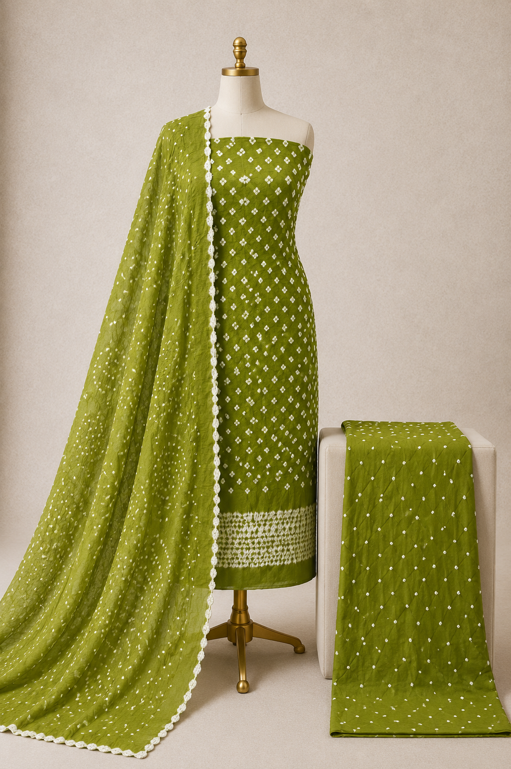Soft Cotton Self Color 3Pc Unstitched Bandhani Dress Material