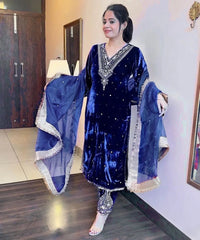 Winter Velvet Embroided Kurti Pant Dupatta Set