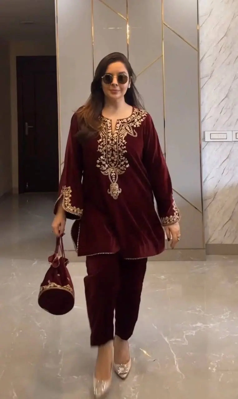 Neck Embroidery work Velvet Kurti Pant Set (Stitched)