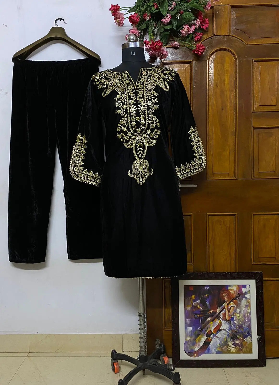 Neck Embroidery work Velvet Kurti Pant Set (Stitched)