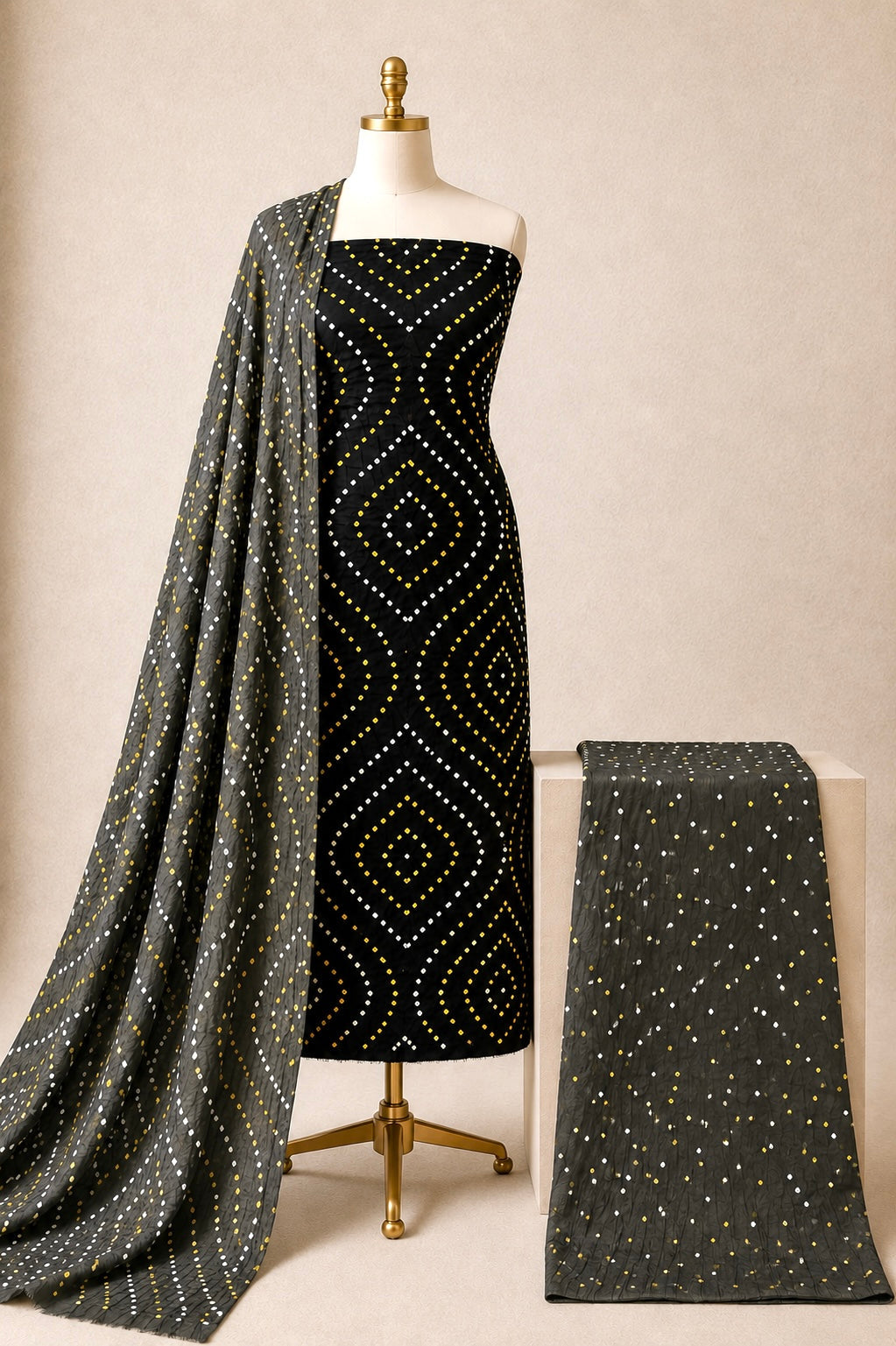 Premium Cotton Authentic Jamnagar Handmade 3Pc Bandhani Dress Material