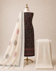 Soft Cotton Hand Block Ajrakh Work with Chikan Salwar 3 Pc Unstitched Dress Material