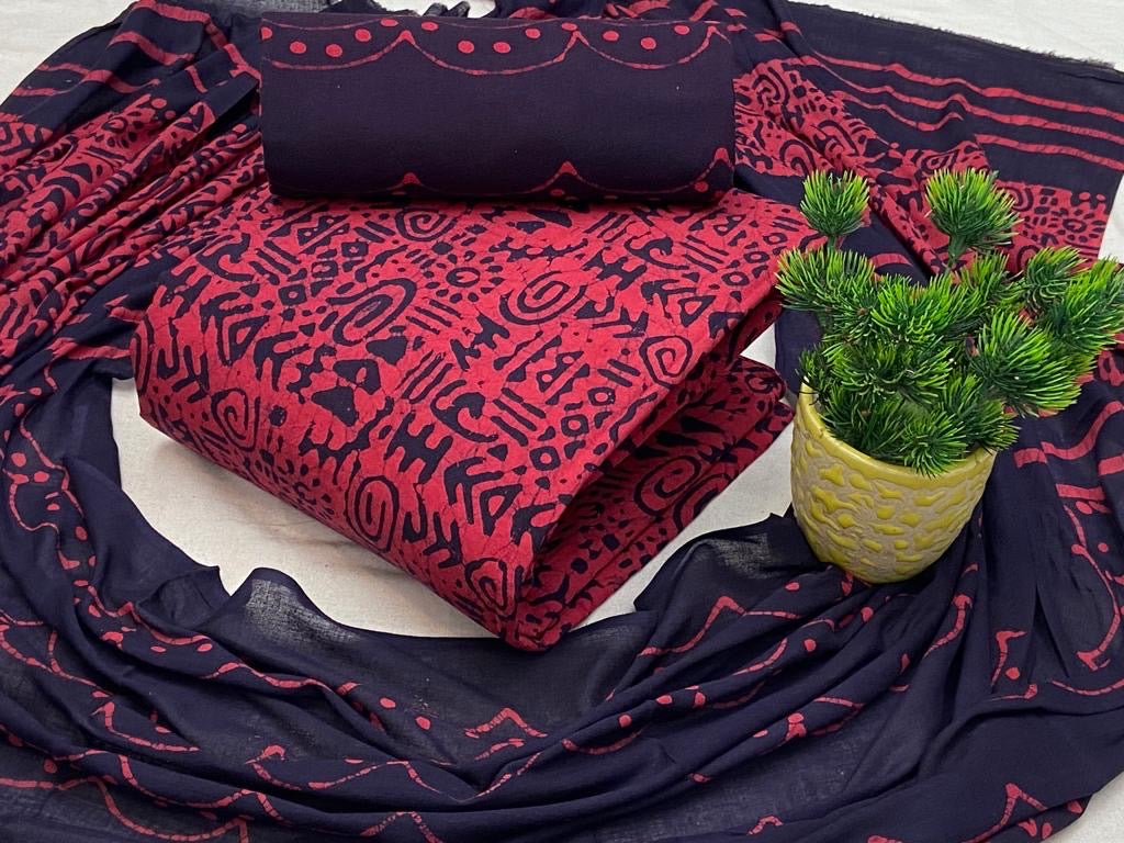 Soft Cotton Hand Blocked Wax Batik Dress Material (Unstitched)