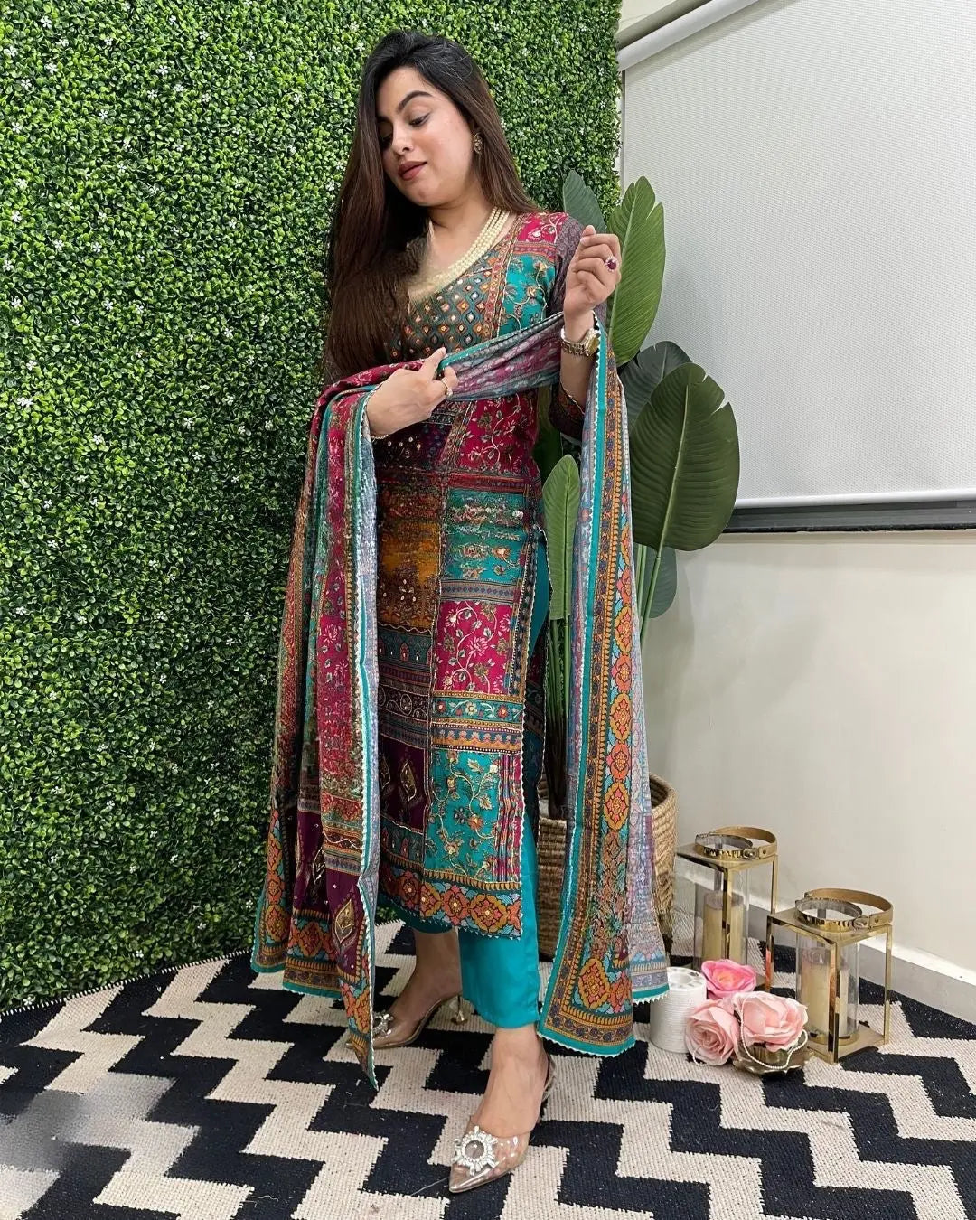 Muslin Real Mirror work Digital Print  Party wear Kurti Pant Dupatta set