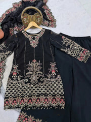 Faux Georgette Designer Embroidery Work Kurti Palazzo Dupatta Set