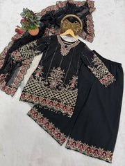Faux Georgette Designer Embroidery Work Kurti Palazzo Dupatta Set