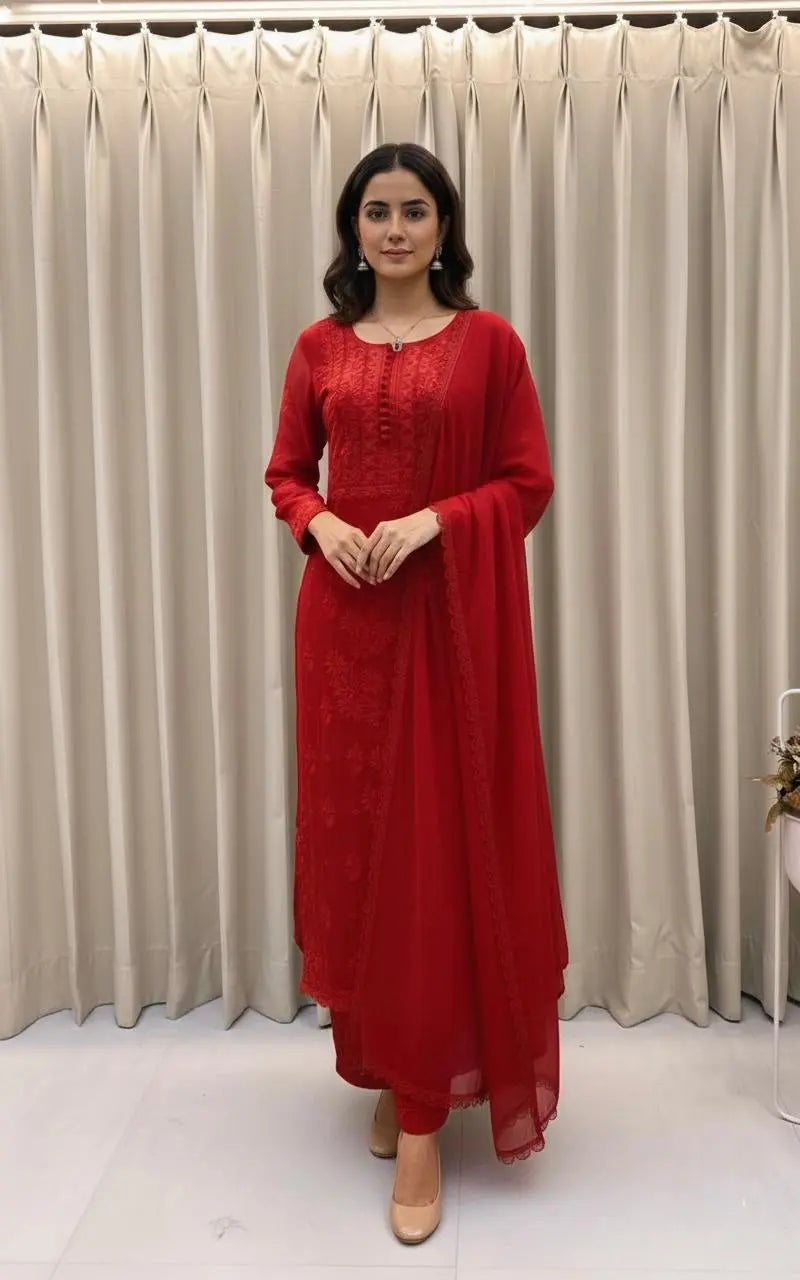 Georgette Chikankari Kurti Palazzo Dupatta Set