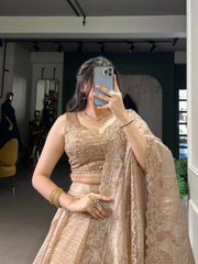 Gold Crush Fabric Party Wear Lehenga Choli Dupatta Set (Ready To Wear)