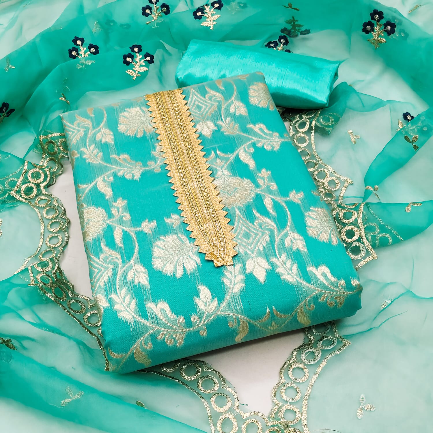 Organza Silk Chanderi Fancy work Dress Material