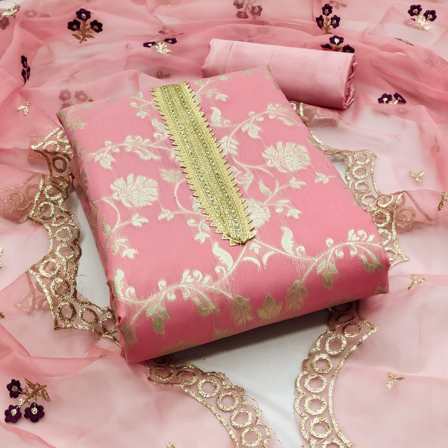 Organza Silk Chanderi Fancy work Dress Material