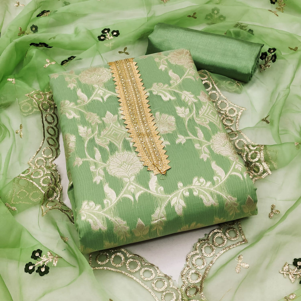 Organza Silk Chanderi Fancy work Dress Material