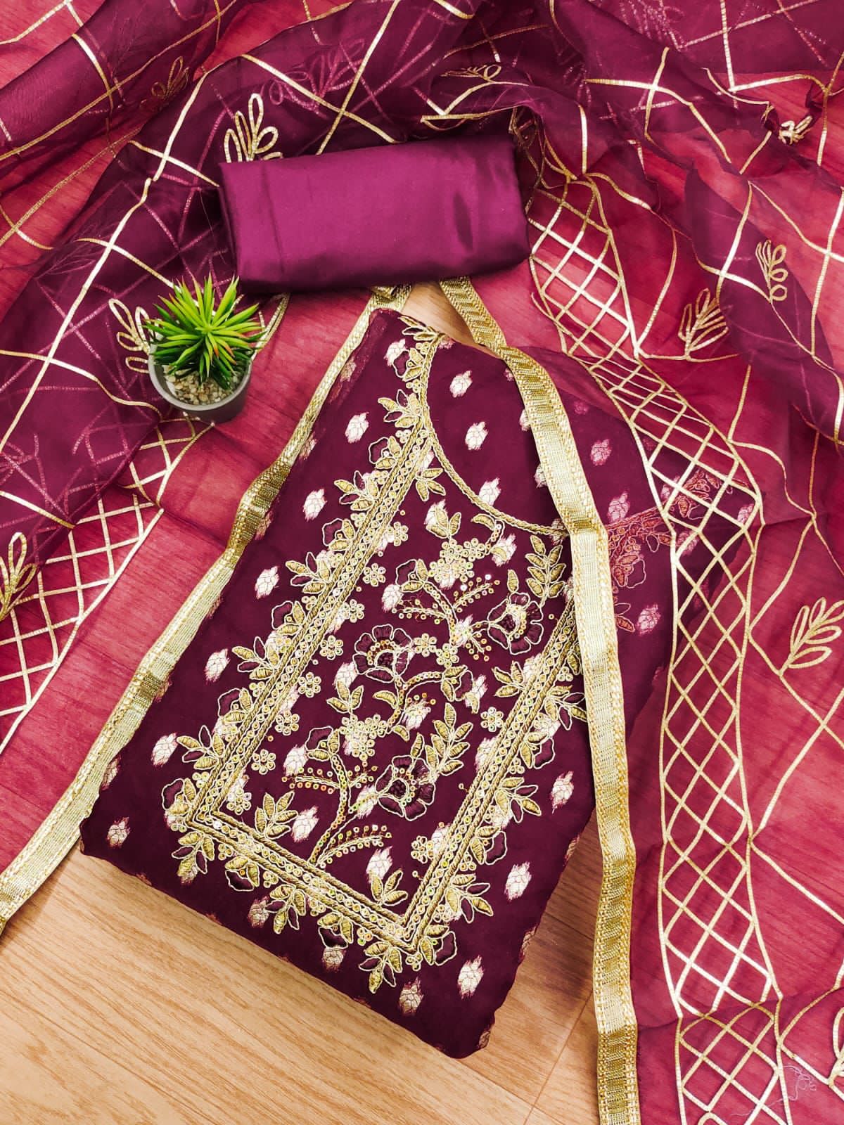 Organza Jeckard Neckwork Women Unstitched Salwar Suit