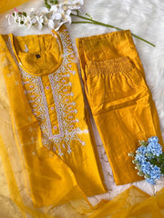 Moti Neck work Chanderi Silk Kurti Pant Dupatta Set