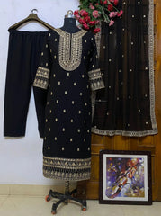 Georgette Neck Embroidery work Kurti Palazzo Dupatta Set