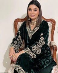 Zari Embroidery work Pakistani Velvet Kurti Pant Dupatta Set(Stitched)