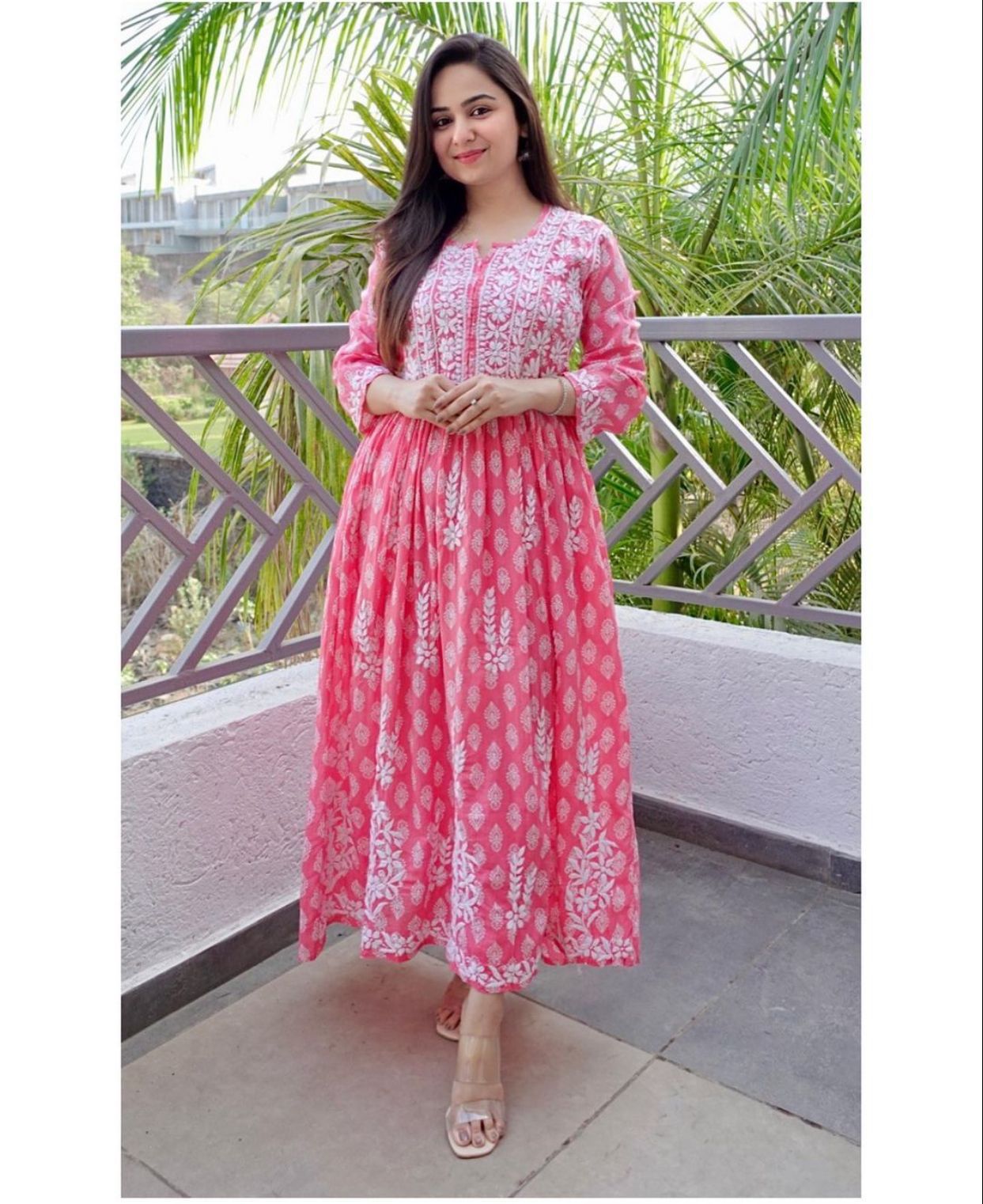 Printed work with Chikankari Embroided Gown