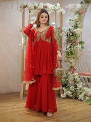 Karwa chauth Special Designed Neck work Red Kurti Sharara Dupatta Set (Ready to Wear)