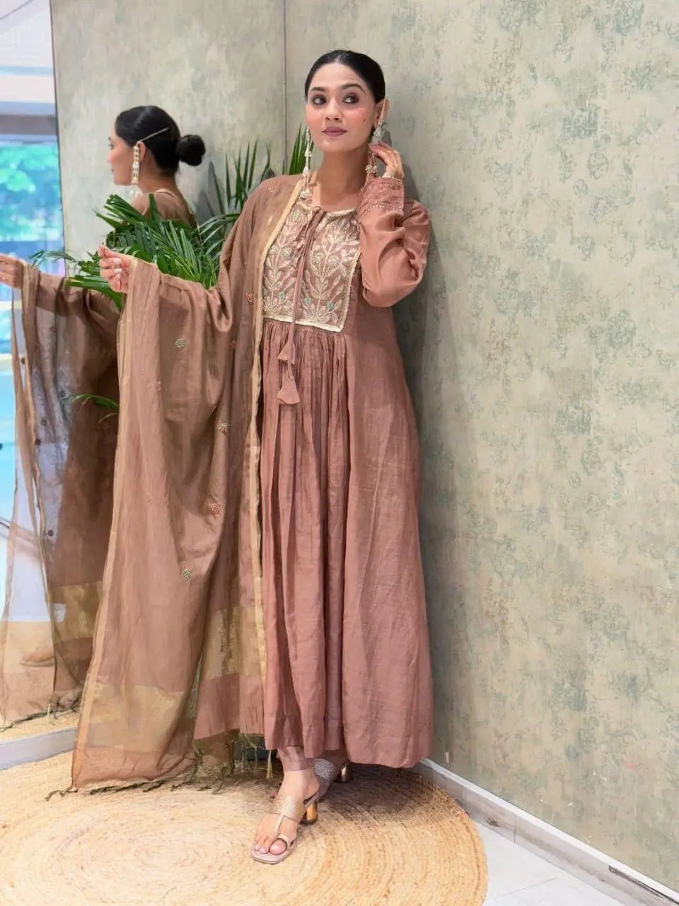 Mal Chanderi Flair Work Kurti Pant Dupatta Set (Ready to Wear)