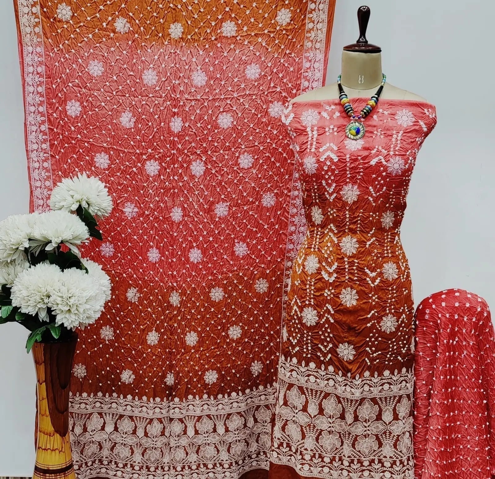 Modal Silk Lakhnavi Thread Work Bandhani Dress Material
